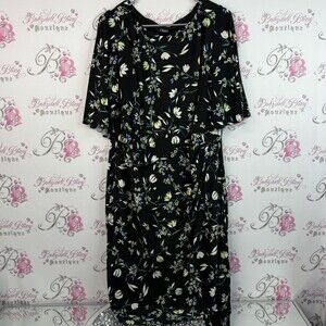 Chaps dress long maxi flowers white green yellow Black Dress with Floral Design